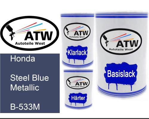 Honda, Steel Blue Metallic, B-533M: 500ml Lackdose + 500ml Klarlack + 250ml Härter - Set, von ATW Autoteile West.
